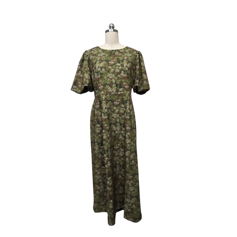 Hill House Green‎ Oak Leaf Botanical Print Puff Sleeve Maxi Dress Size Large